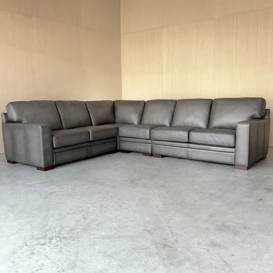 Grey Top Grain Leather Sectional Couch - LIKE NEW!!