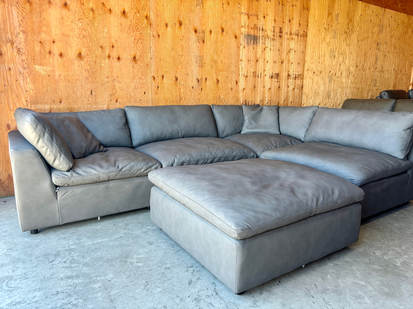 Grey Leather Modular Cloud Sectional Couch