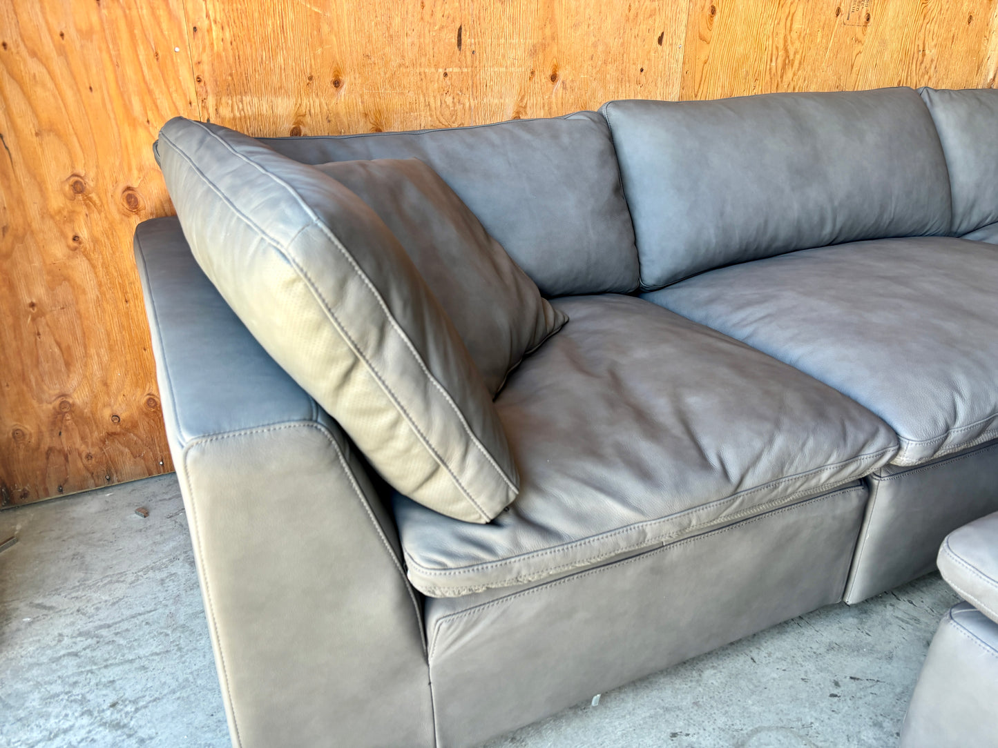 Grey Leather Modular Cloud Sectional Couch