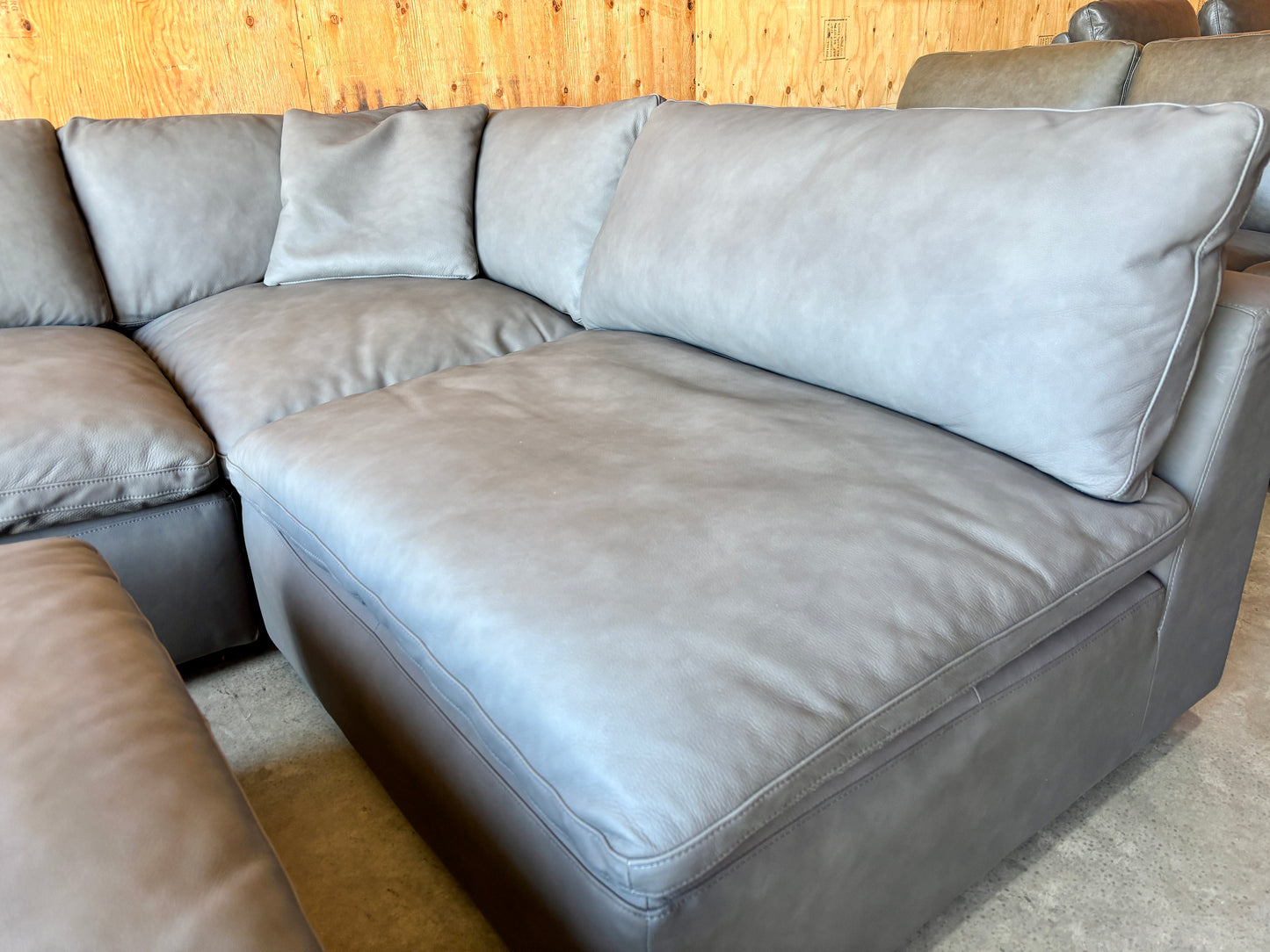 Grey Leather Modular Cloud Sectional Couch
