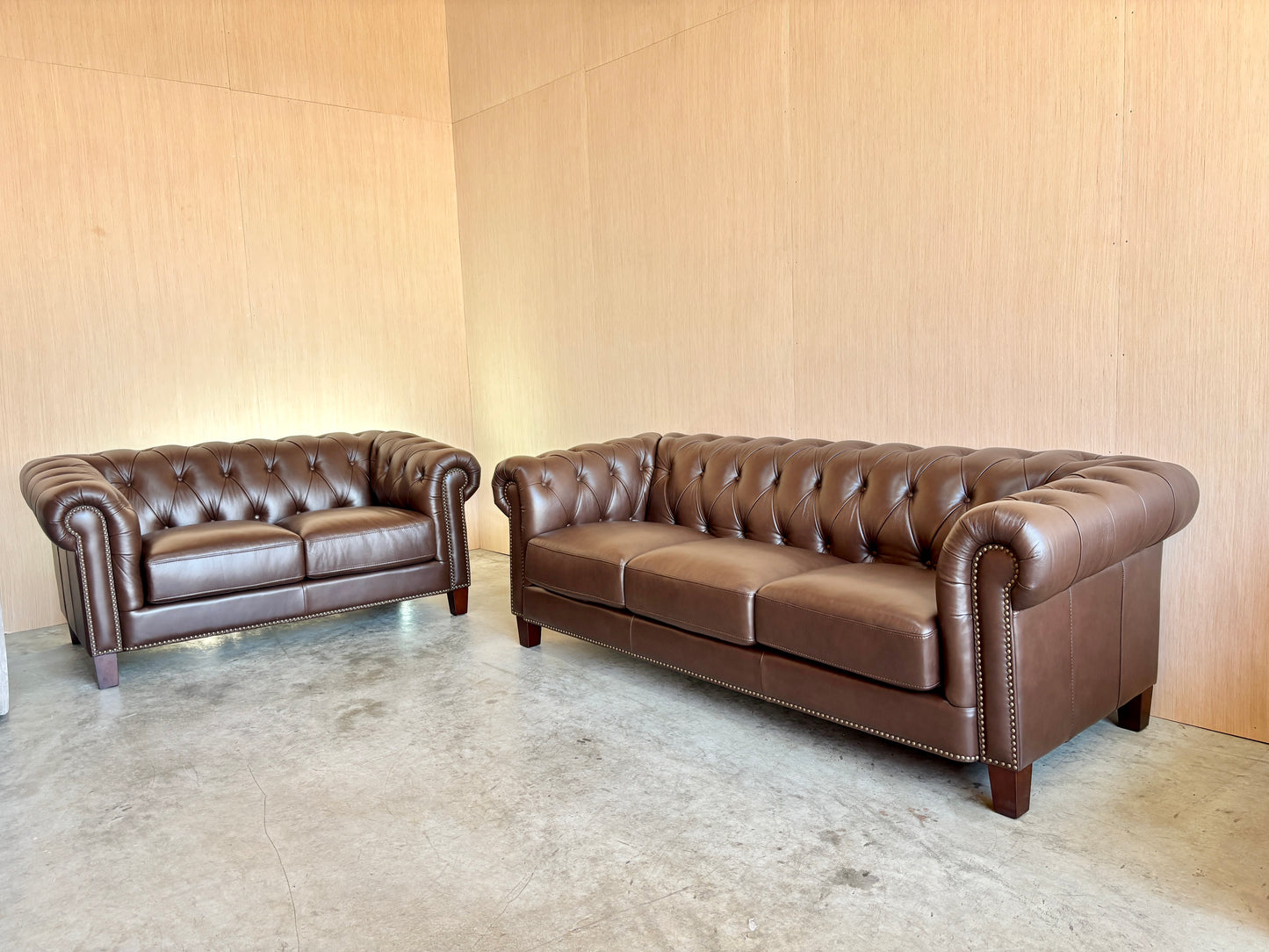 Real Leather Chesterfield Couch and Loveseat Set