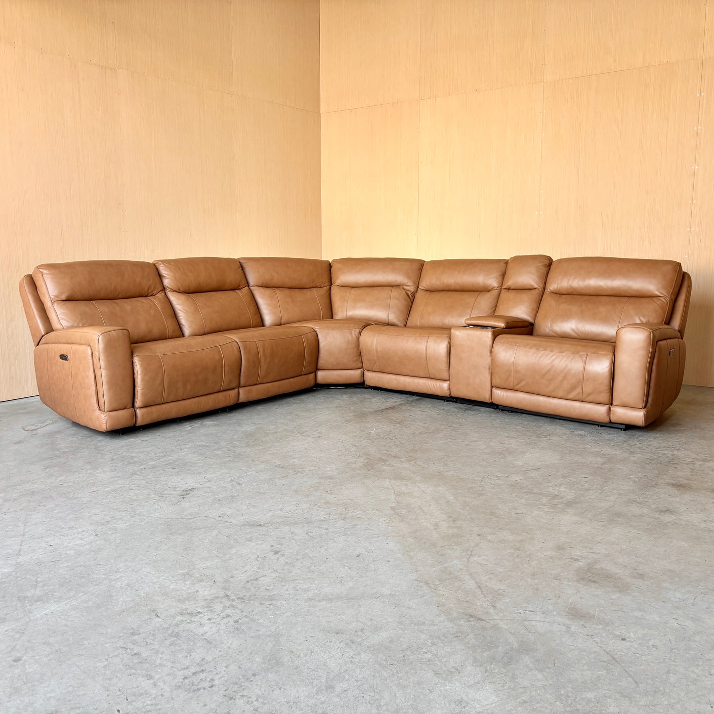 Camel Leather Power Modular Reclining Sectional Couch with Power Headrests