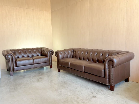 Real Leather Chesterfield Couch and Loveseat Set