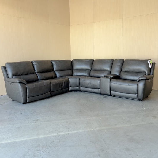 Grey Leather Power Reclining Modular Sectional with Power Headrests