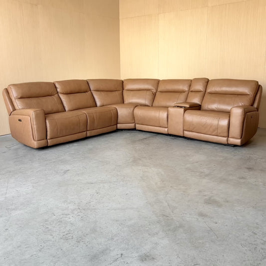 Camel Leather Power Modular Reclining Sectional Couch with Power Headrests